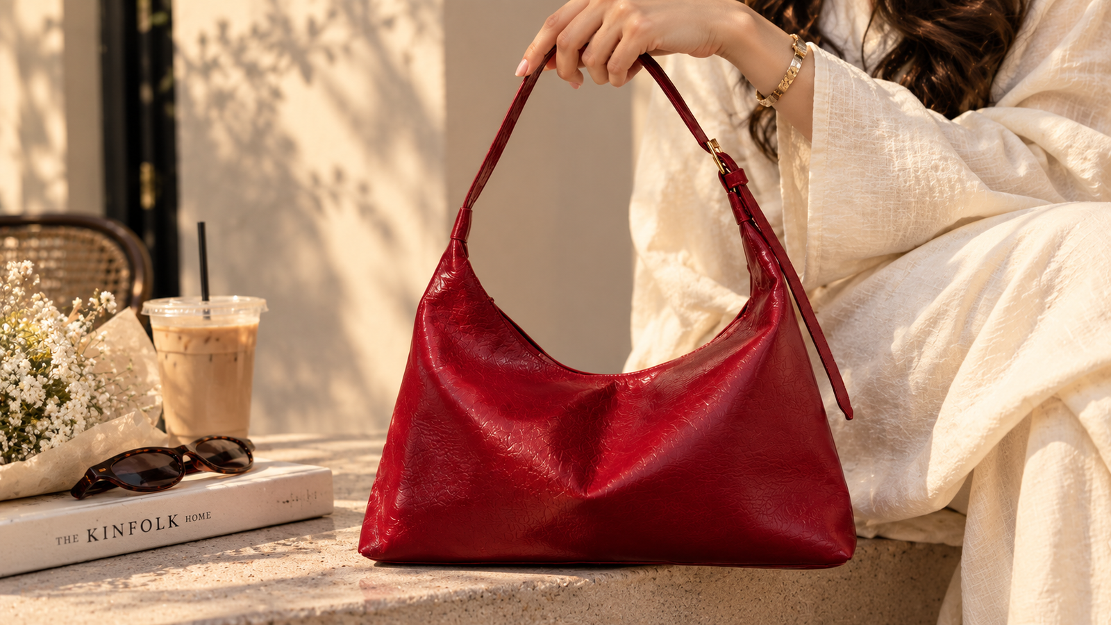Close-up of a red Hilal bag held by its strap at a cafe