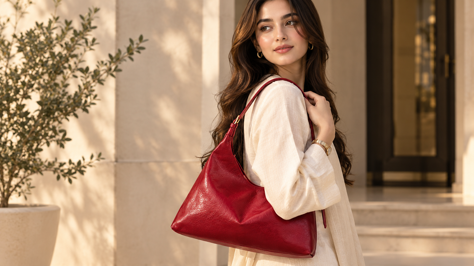Red Hilal bag worn on the shoulder with an ivory outfit