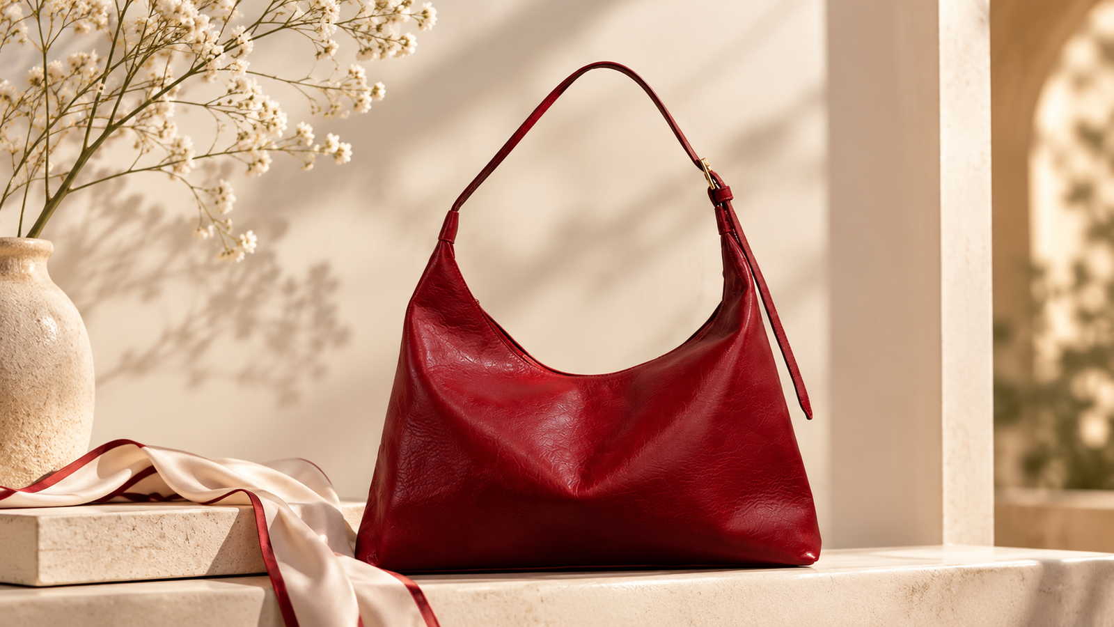 Red Hilal shoulder bag styled beside flowers and ribbon
